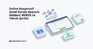 MERSİS üzerinden online kooperatif genel kurulu başvuru süreci, e-oylama, video konferans katılımı, ana sözleşme ve Ticaret Bakanlığı onay aşamalarını gösteren dijital akış diyagramı.
