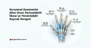 Kurumsal Anatomide Altın Oran: Pentadaktili İlkesi ve Yönetilebilir Kaynak Dengesi Beş parmak anatomisi üzerinde kurumsal yönetim departmanlarının (Üretim, Satış, İdari, Ar-Ge, Yönetim) şematik gösterimi ve verimlilik dengesi.